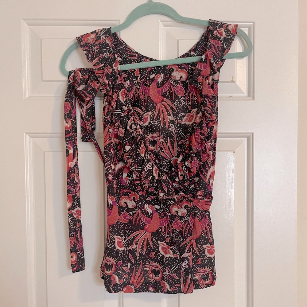 French connection wrap ruffle top with bird print